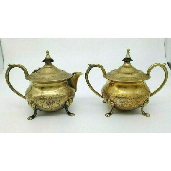 Brass Creamer Sugar Pot Set of 2 Stamped EPNS  Etched Footed India Vintage - Picture 1 of 12